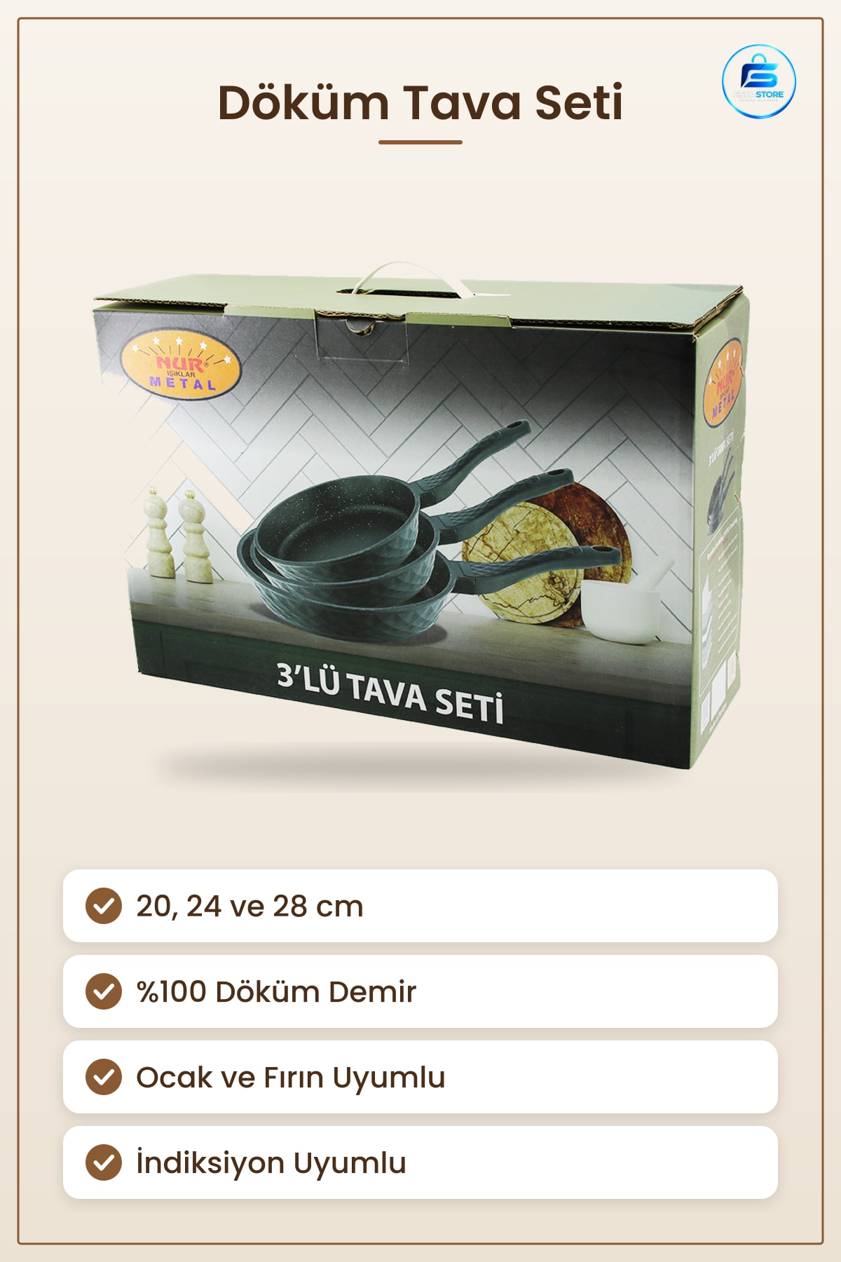 Döküm Tava Seti /28 cm Mutfak Pişirme Tavası Dayanıklı Ocak ve Fırın Uyumlu İndüksiyon