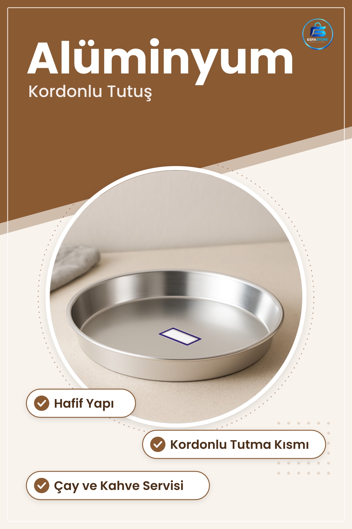 Kordonlu Alüminyum Tepsi Hafif Servis Çay Kahve Sunumu Yemek Taşıma Mutfak Balkon