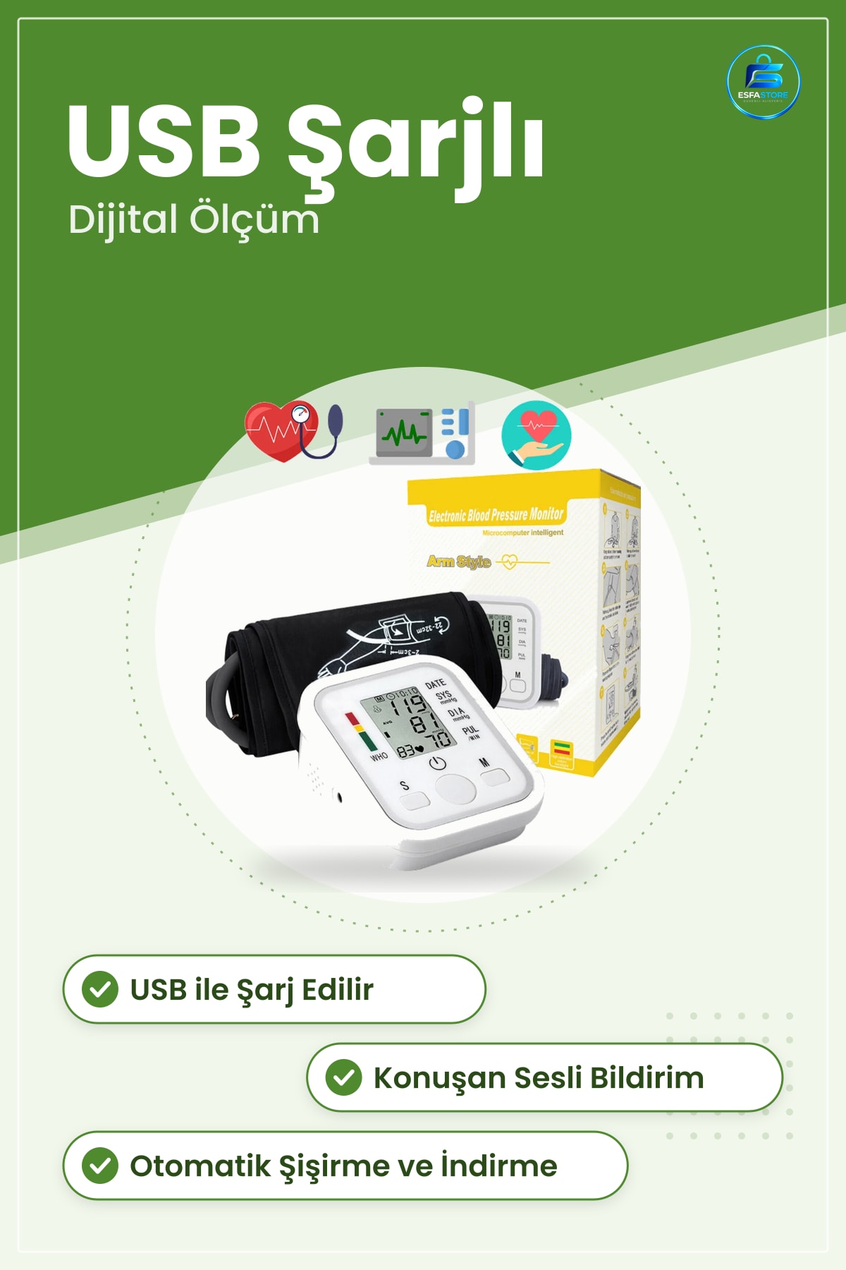 Kol Tipi Dijital Tansiyon Aleti USB Şarjlı Konuşan Tansiyon Ölçüm Cihazı Evde Kullanım