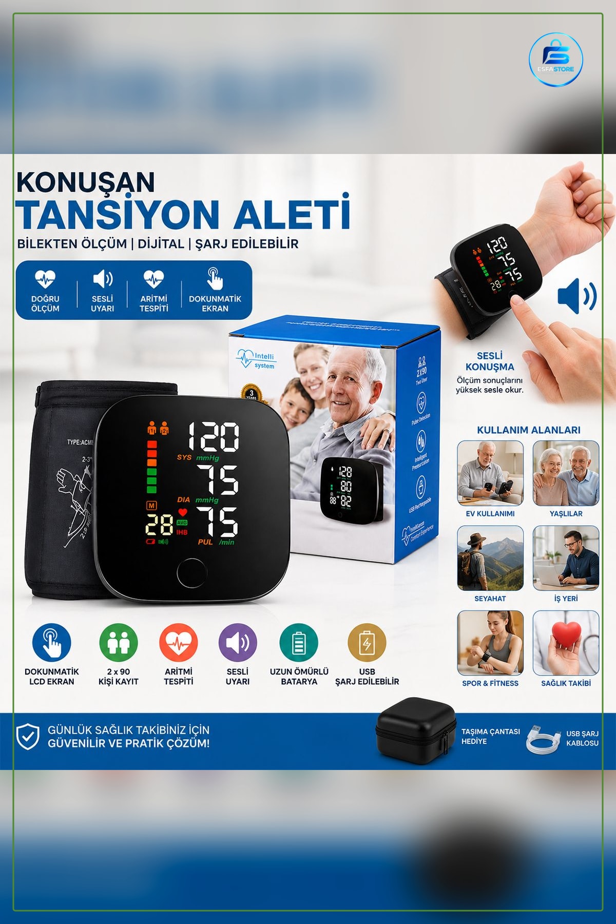 Bilek Tipi Dijital Tansiyon Ölçer USB Şarjlı Konuşan Tansiyon ve Nabız Ölçüm Cihazı Ev Seyahat