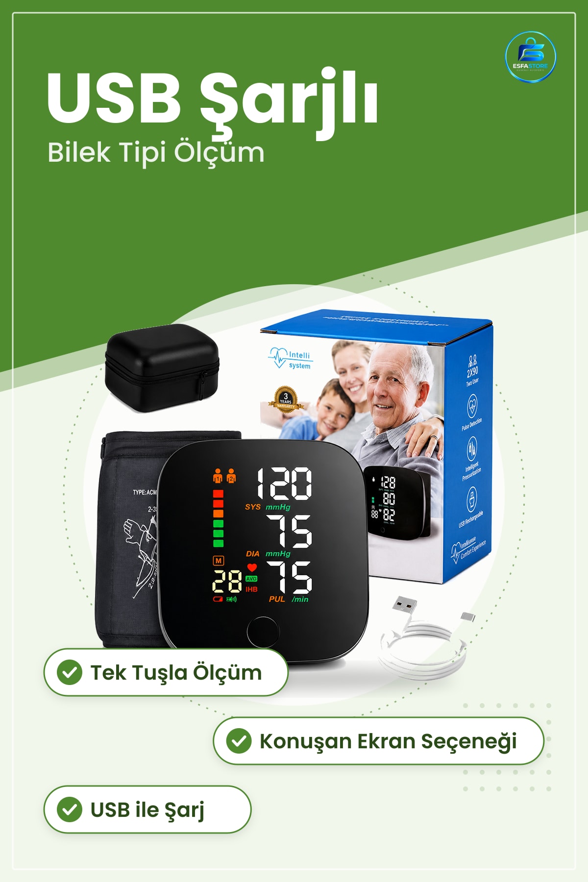 Bilek Tipi Dijital Tansiyon Ölçer USB Şarjlı Konuşan Tansiyon ve Nabız Ölçüm Cihazı Ev Seyahat