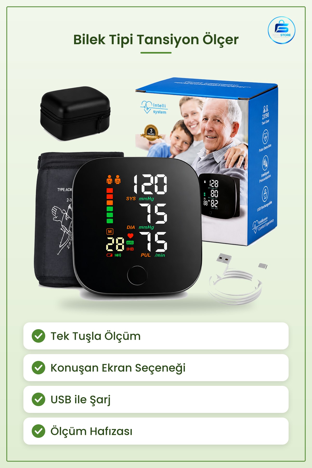 Bilek Tipi Dijital Tansiyon Ölçer USB Şarjlı Konuşan Tansiyon ve Nabız Ölçüm Cihazı Ev Seyahat