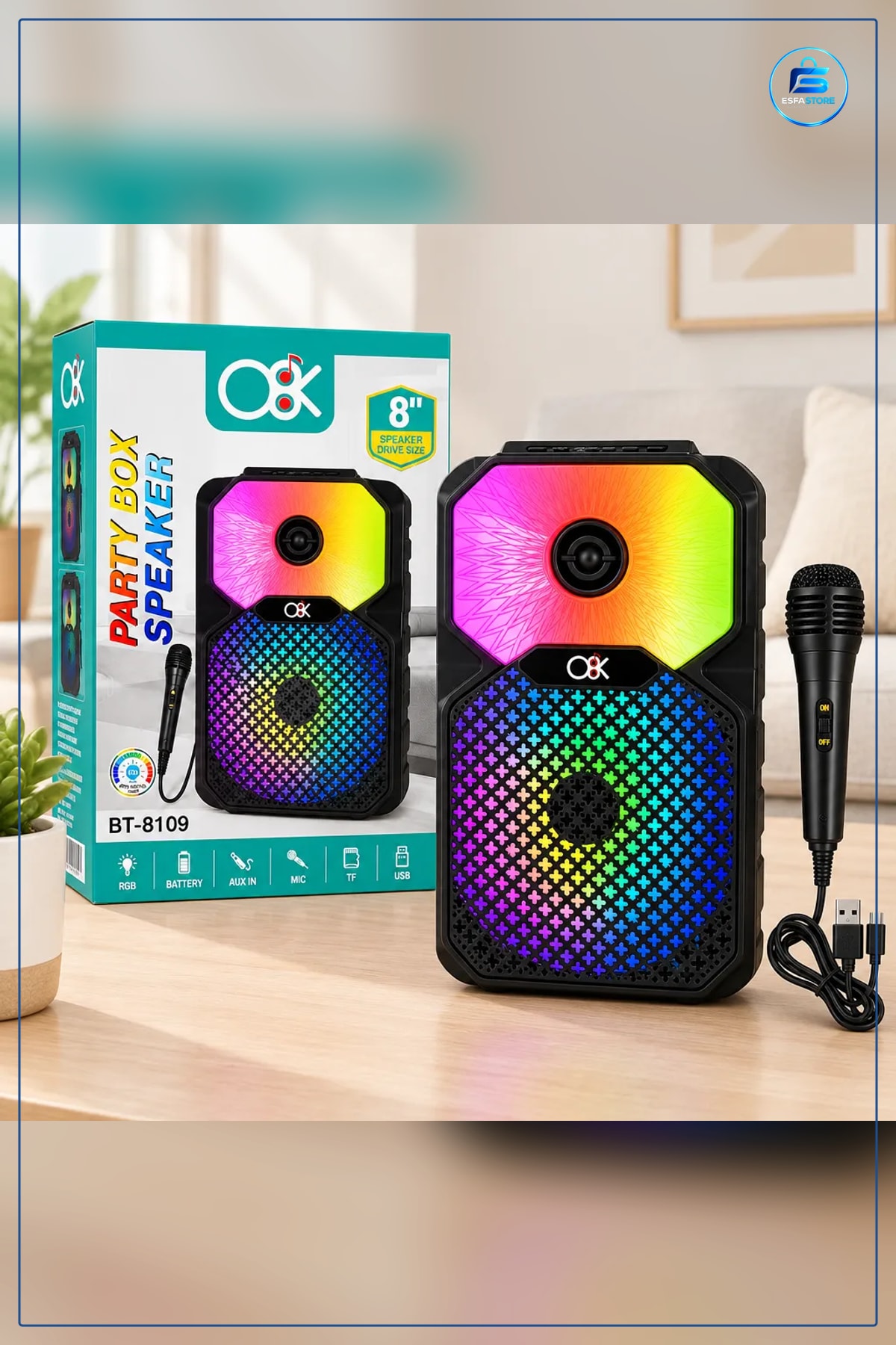 Bluetooth Hoparlör 8 inç Mikrofonlu Karaoke Şarjlı RGB Işıklı Kablosuz Taşınabilir