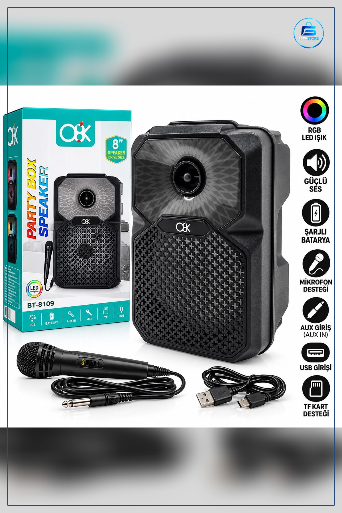 Bluetooth Hoparlör 8 inç Mikrofonlu Karaoke Şarjlı RGB Işıklı Kablosuz Taşınabilir