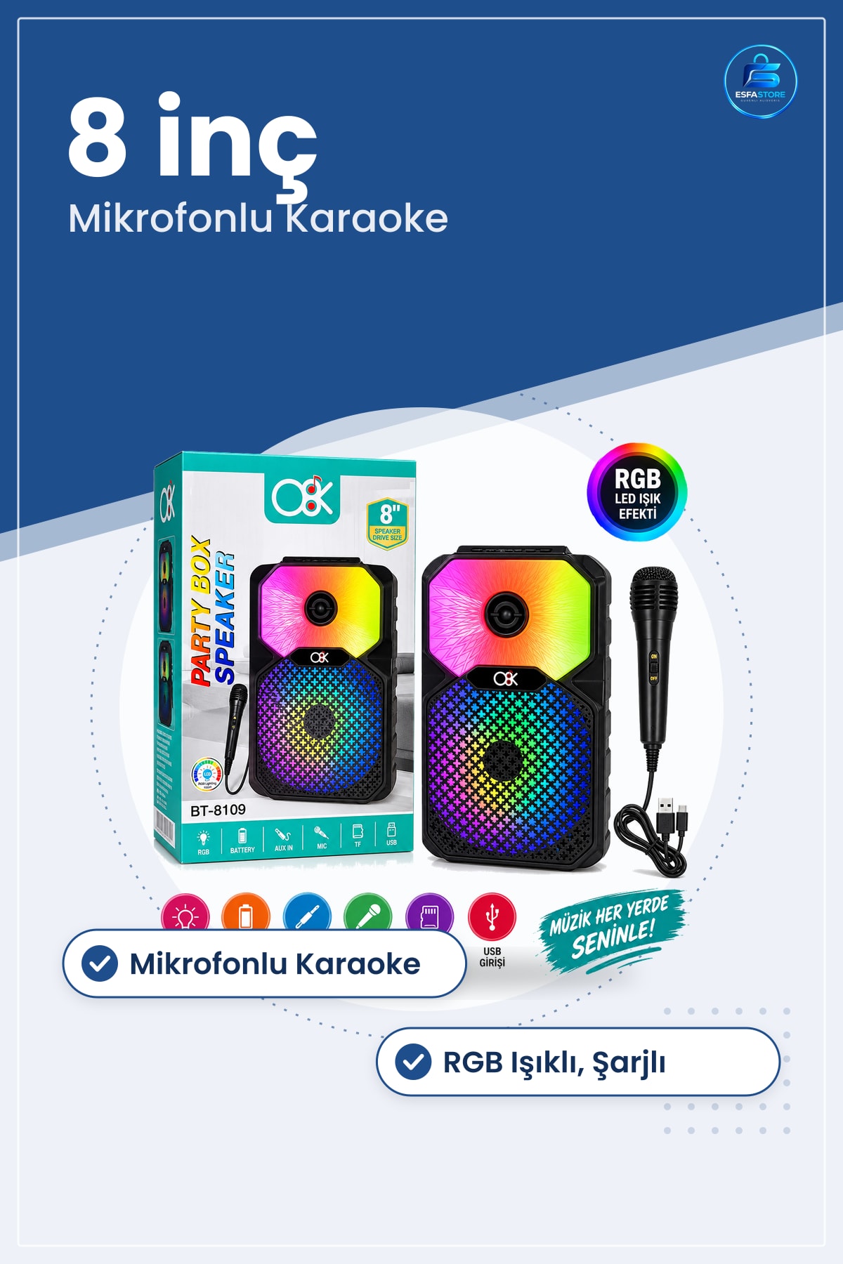 Bluetooth Hoparlör 8 inç Mikrofonlu Karaoke Şarjlı RGB Işıklı Kablosuz Taşınabilir