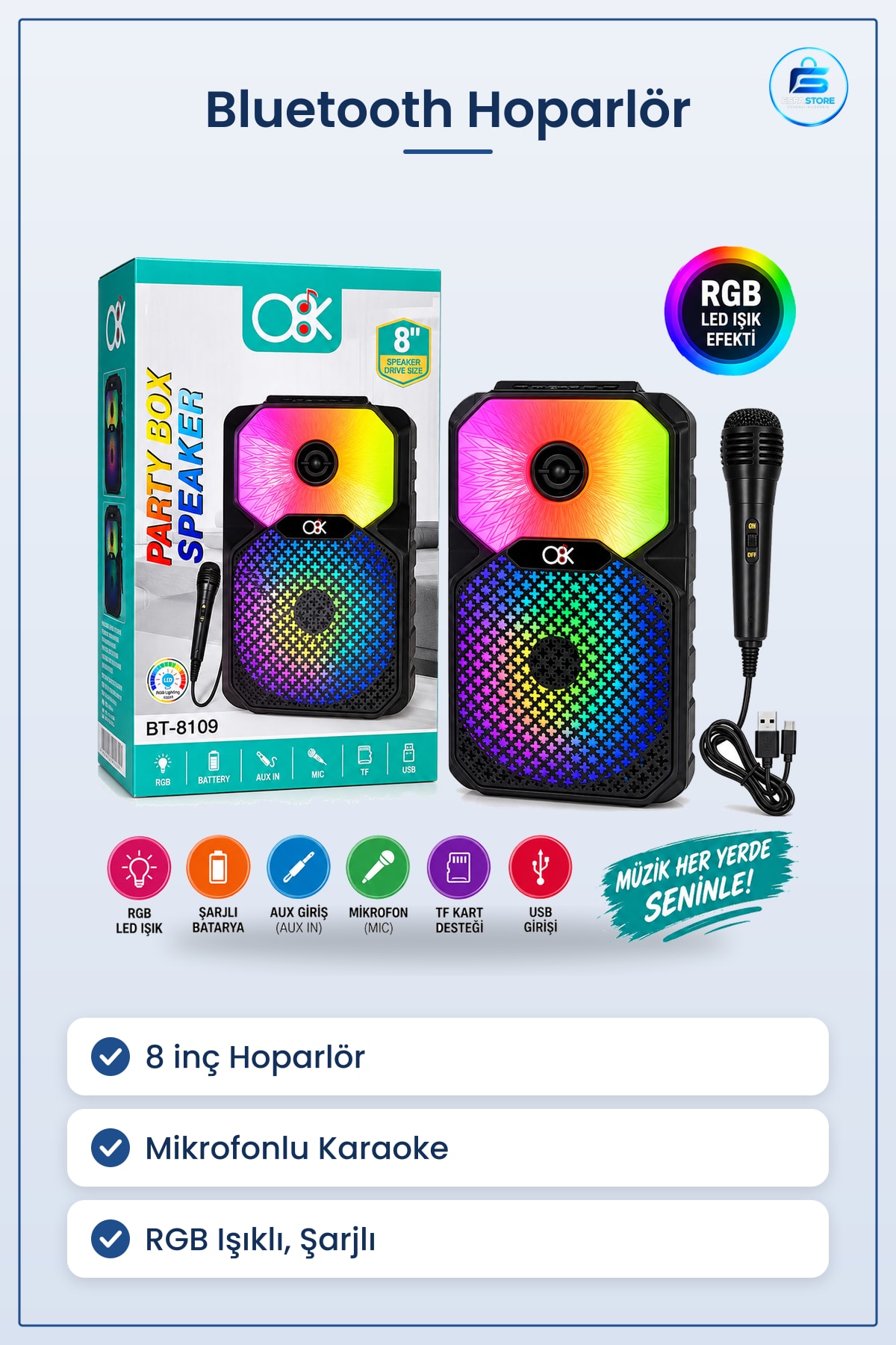 Bluetooth Hoparlör 8 inç Mikrofonlu Karaoke Şarjlı RGB Işıklı Kablosuz Taşınabilir