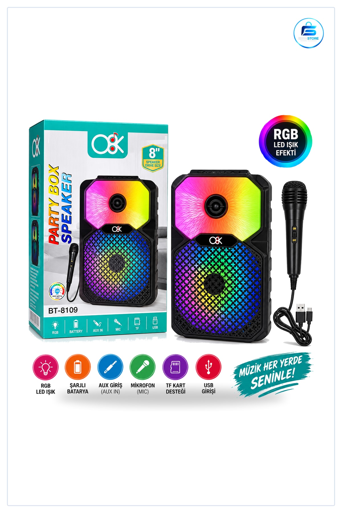 Bluetooth Hoparlör 8 inç Mikrofonlu Karaoke Şarjlı RGB Işıklı Kablosuz Taşınabilir