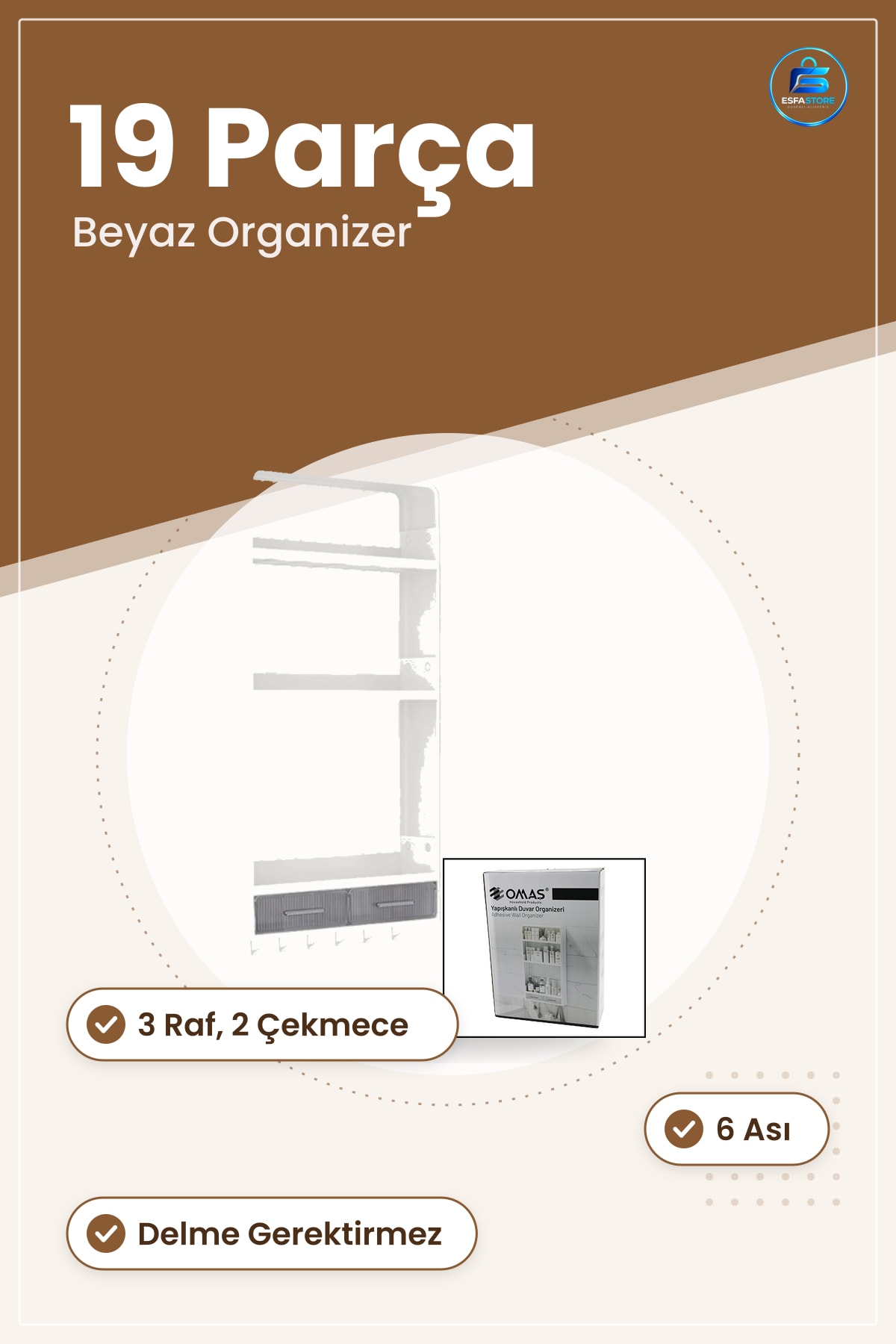 Yapışkanlı Duvar Organizeri 3 Raf 2 Çekmece 6 Ası Beyaz 19 Parça Mutfak Banyo Düzenleyici