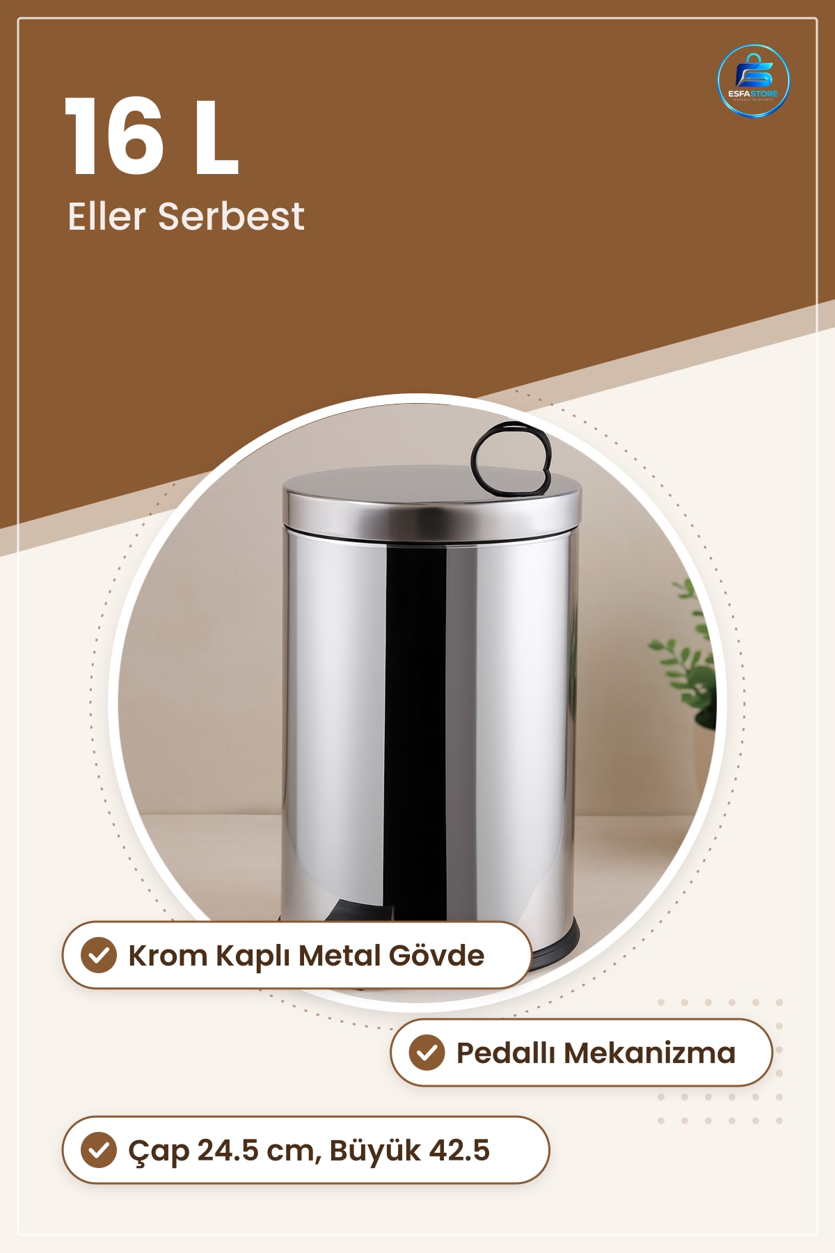 Pedallı Krom Metal Çöp Kovası 16 L Mutfak Banyo Ofis Çap 24.5 cm Yükseklik 42.5 Kullanışlı