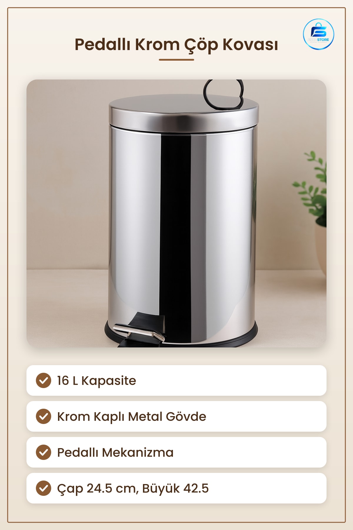 Pedallı Krom Metal Çöp Kovası 16 L Mutfak Banyo Ofis Çap 24.5 cm Yükseklik 42.5 Kullanışlı