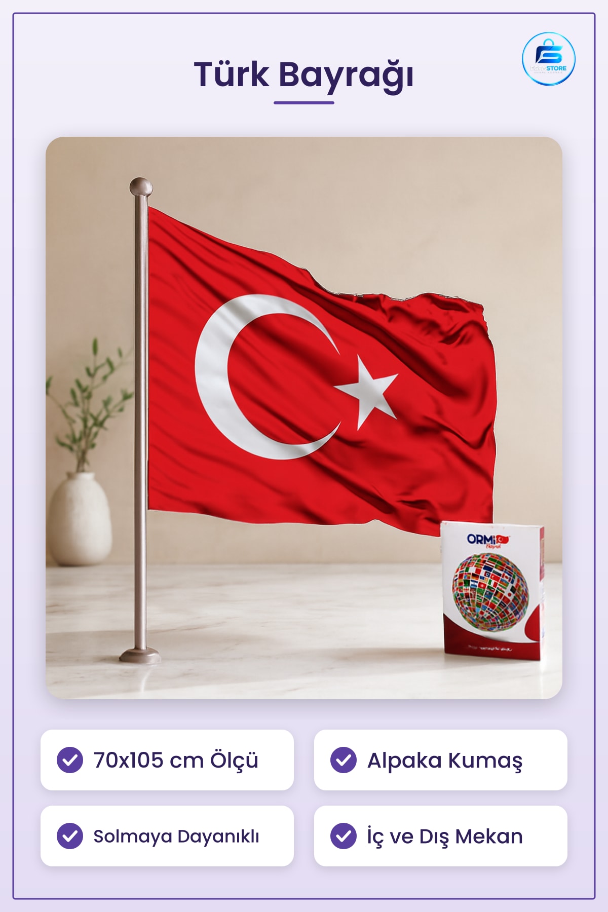 Türk Bayrağı Bayrak 70x105 cm Alpaka Kumaş Dayanıklı Canlı Renk Ev Ofis Kurum Balkon Kullanımı