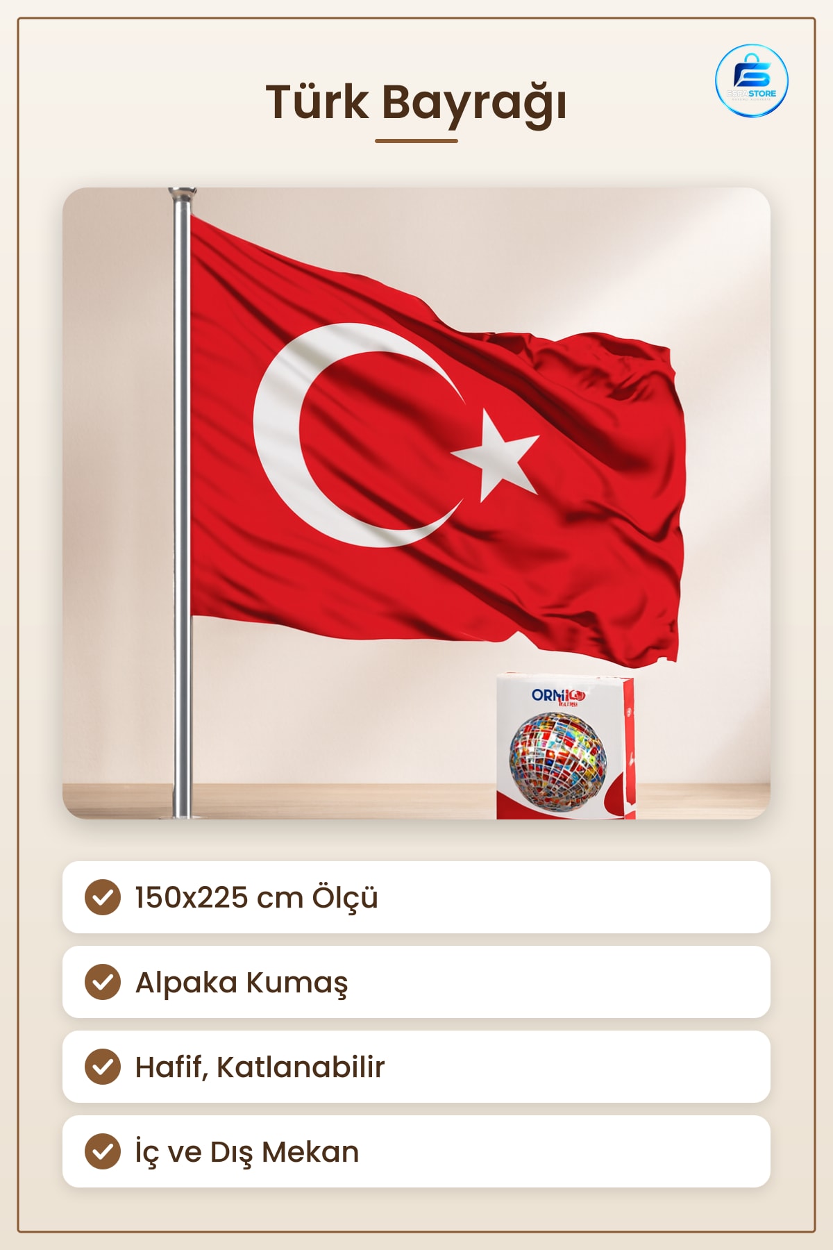 Türk Bayrağı 150x225 cm Alpaka Kumaş Duvar Dekorasyon Ürünü Tören Balkon Dış Mekan Hafif