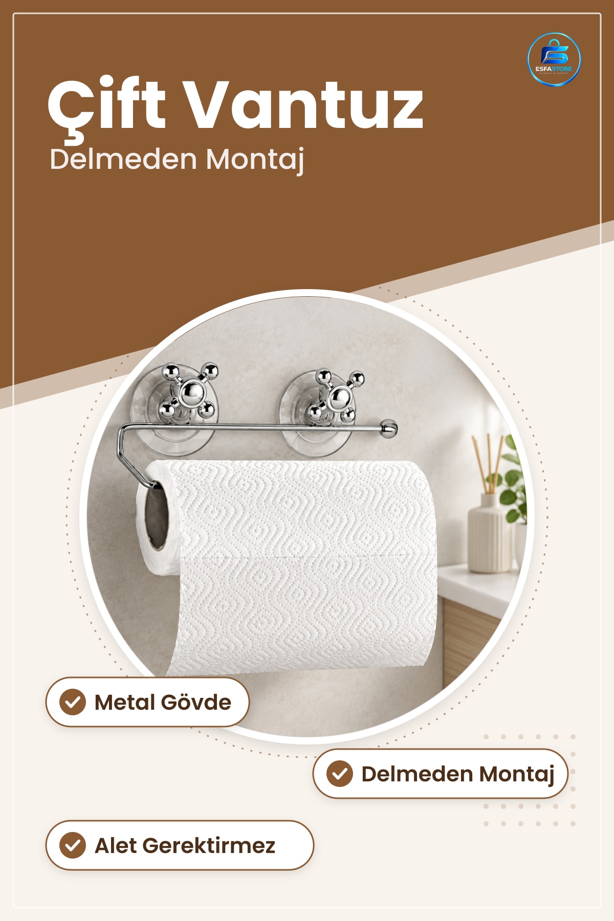 Mutfak Düzenleyici Çift Vantuzlu Metal Kağıt Havluluk Delmeden Montaj Banyo ve Çalışma Alanı