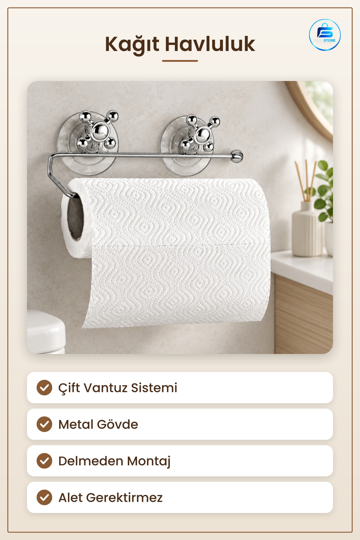 Mutfak Düzenleyici Çift Vantuzlu Metal Kağıt Havluluk Delmeden Montaj Banyo ve Çalışma Alanı