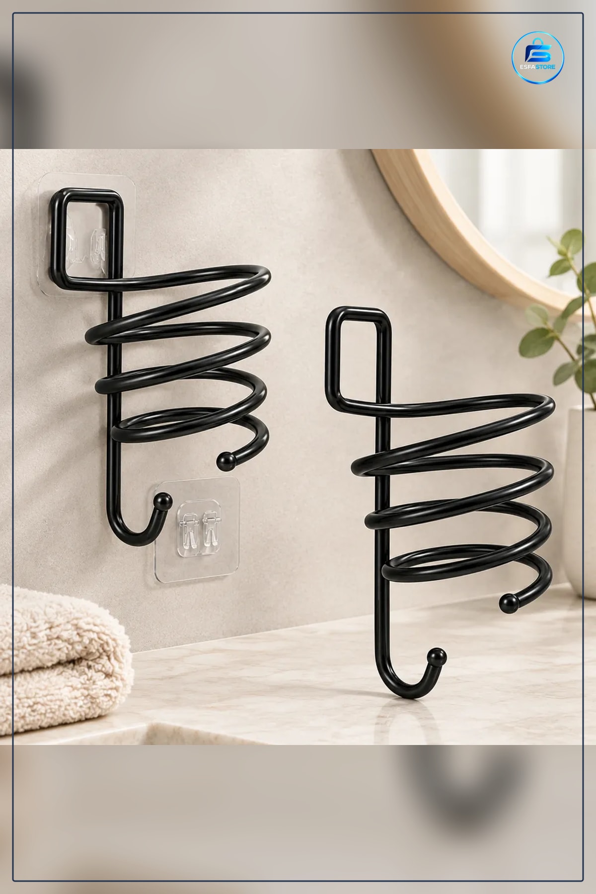 Siyah Metal Fön Makine Askısı Saç Aksesuarı Duvar Tipi Banyo Düzenleyici Yapışkanlı Kancalı