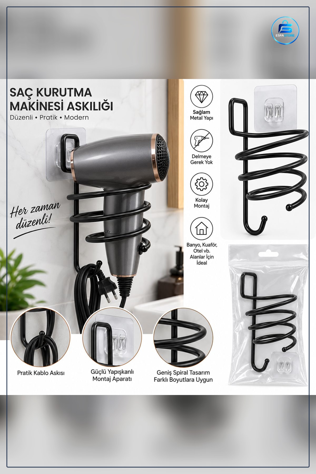 Siyah Metal Fön Makine Askısı Saç Aksesuarı Duvar Tipi Banyo Düzenleyici Yapışkanlı Kancalı