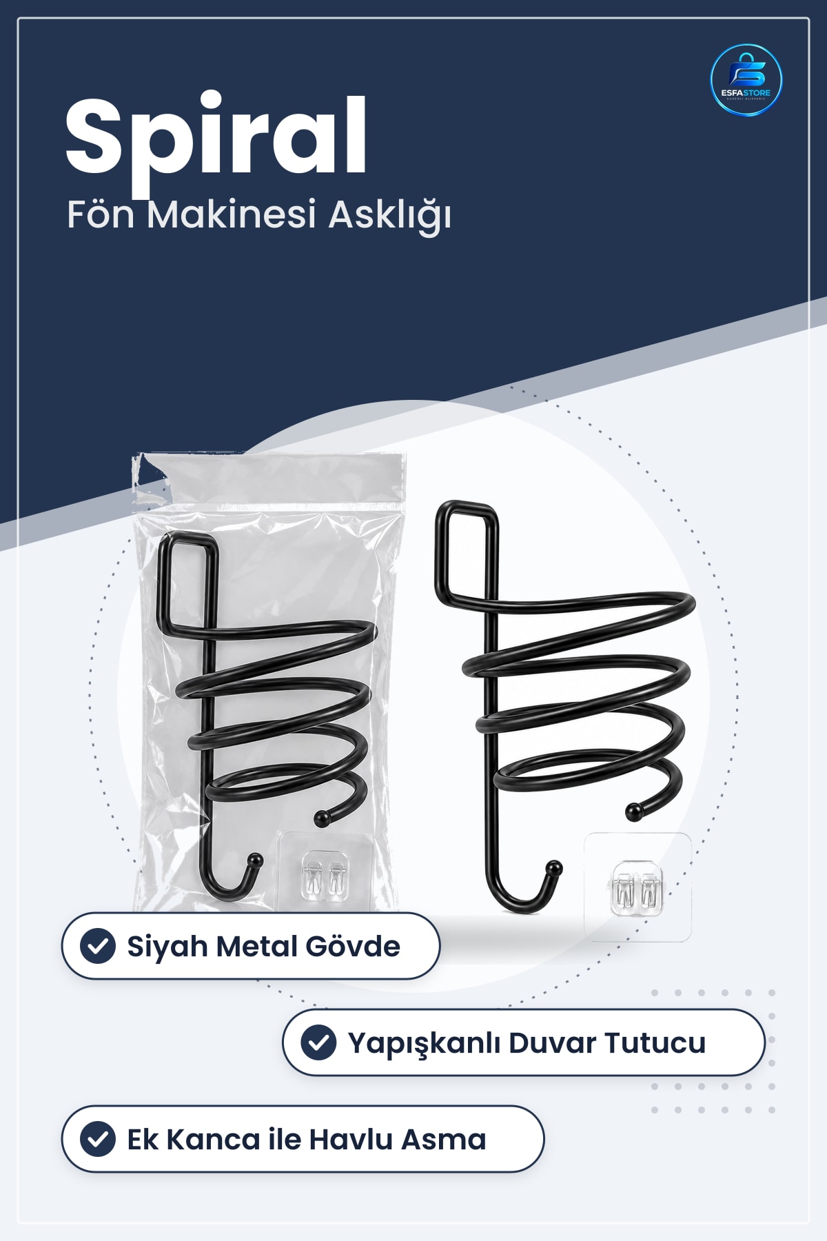 Siyah Metal Fön Makine Askısı Saç Aksesuarı Duvar Tipi Banyo Düzenleyici Yapışkanlı Kancalı