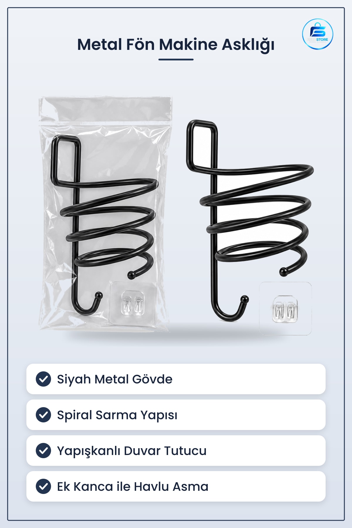 Siyah Metal Fön Makine Askısı Saç Aksesuarı Duvar Tipi Banyo Düzenleyici Yapışkanlı Kancalı