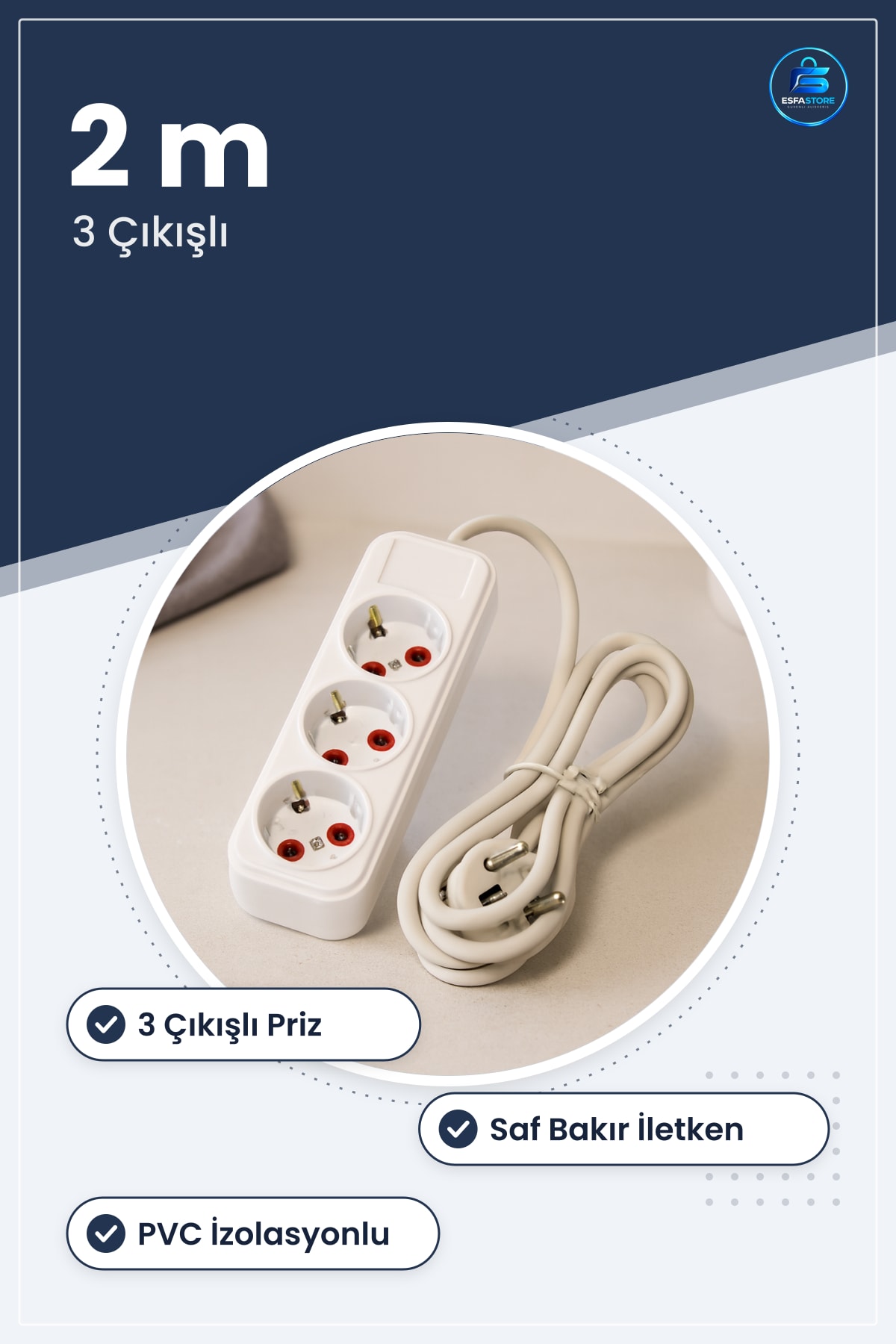 Grup Priz Uzatma Kablosu 3 Çıkışlı 2 m Saf Bakır İletkenli PVC İzolasyonlu Ev Ofis Kullanım