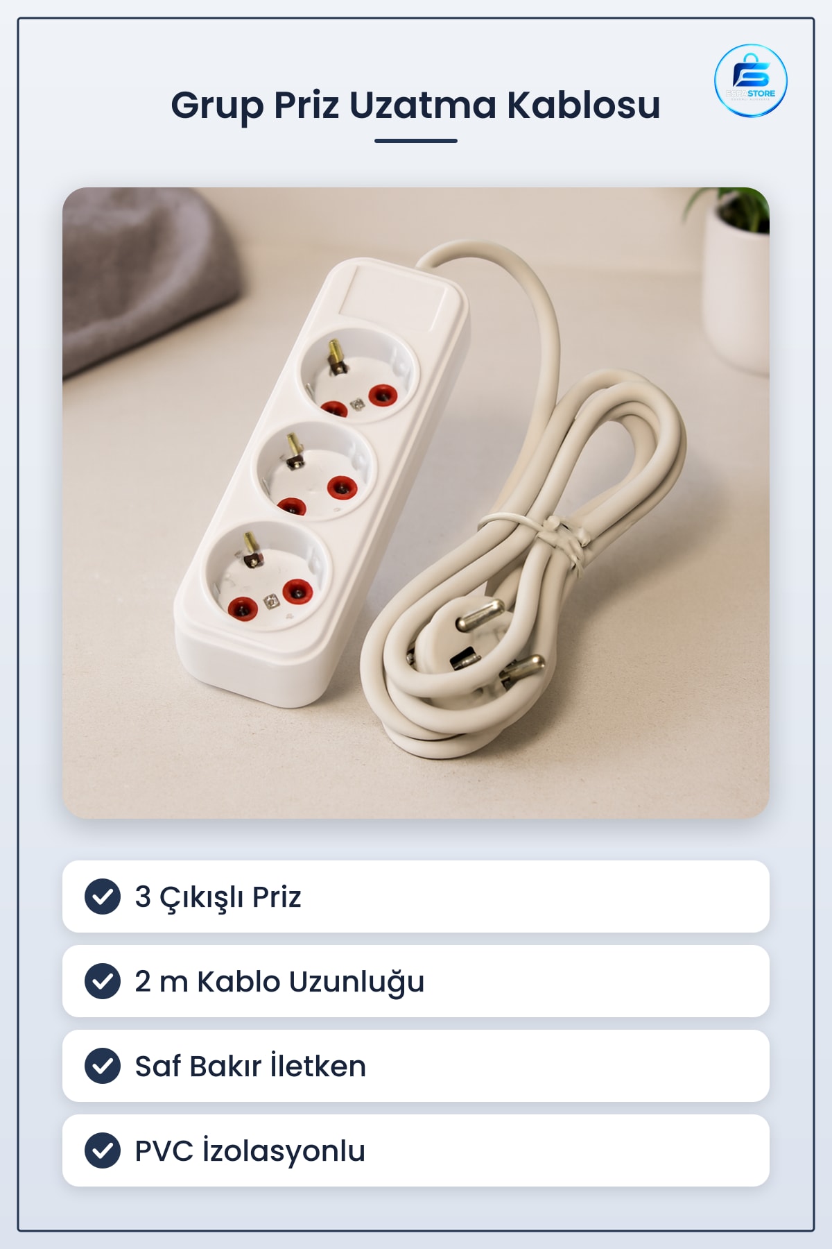 Grup Priz Uzatma Kablosu 3 Çıkışlı 2 m Saf Bakır İletkenli PVC İzolasyonlu Ev Ofis Kullanım