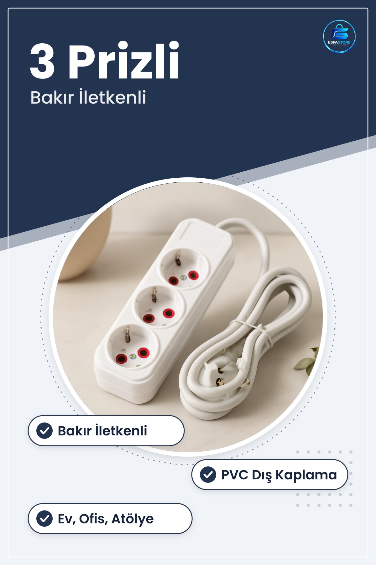 Grup Priz Uzatma Kablosu 3 Prizli Bakır İletkenli PVC Kaplama Ev Ofis Atölye Kullanımı