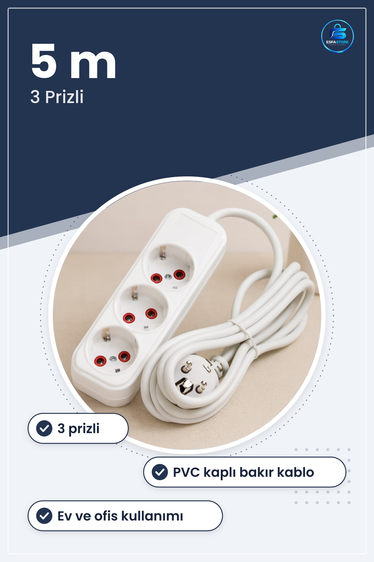 Grup Priz Uzatma Kablosu 3 Prizli 5 m PVC Kaplı Bakır Ev Ofis Elektrik Dayanıklı Cihaz Bağlantı