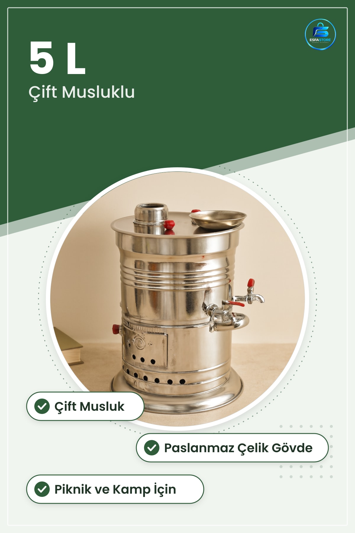 Piknik Odunlu Semaver 5 L Çift Musluklu Paslanmaz Çelik Bahçe Kamp Taşınabilir Sıcak İçecek