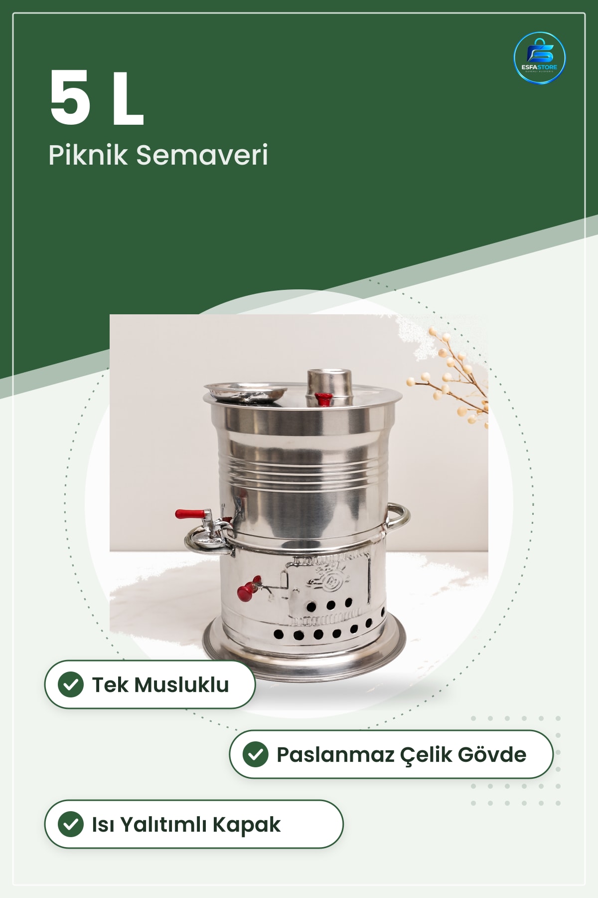 Odunlu Semaver 5 L Piknik Semaveri Tek Musluk Paslanmaz Çelik Taşınabilir Kamp Bahçe Mangal