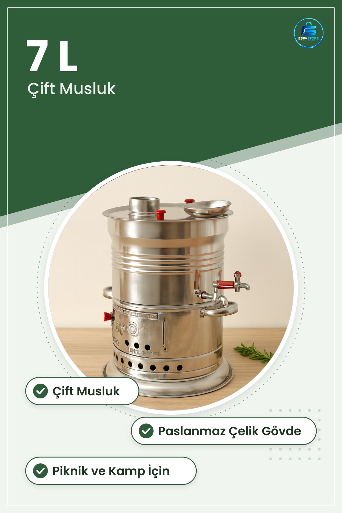 Odunlu Semaver 7 L Piknik Semaveri Çift Musluk Paslanmaz Çelik Kamp Açık Hava Taşınabilir Pratik