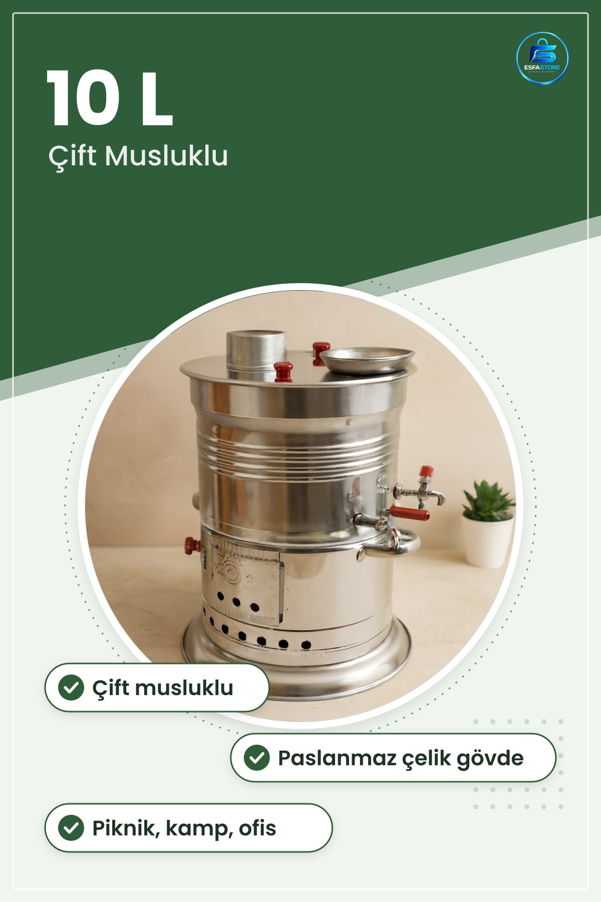 Odunlu Semaver 10 L Piknik Çift Musluklu Paslanmaz Çelik Kamp Bahçe Mangal Açık Hava Ofis İkram