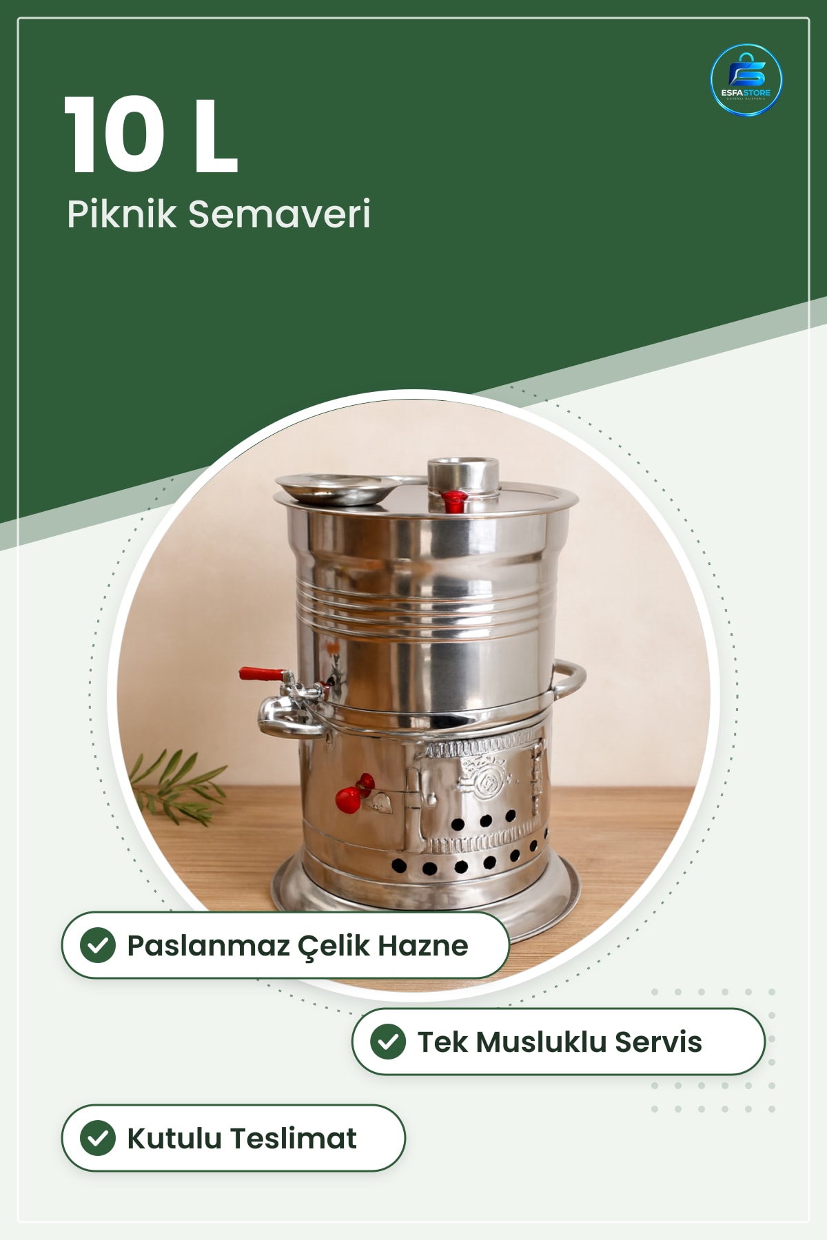 Odunlu Semaver 10 L Piknik Paslanmaz Çelik Tek Musluk Kamp Bahçe Çay Servisi İçin