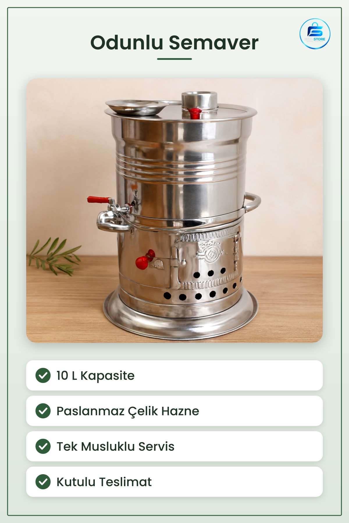 Odunlu Semaver 10 L Piknik Paslanmaz Çelik Tek Musluk Kamp Bahçe Çay Servisi İçin