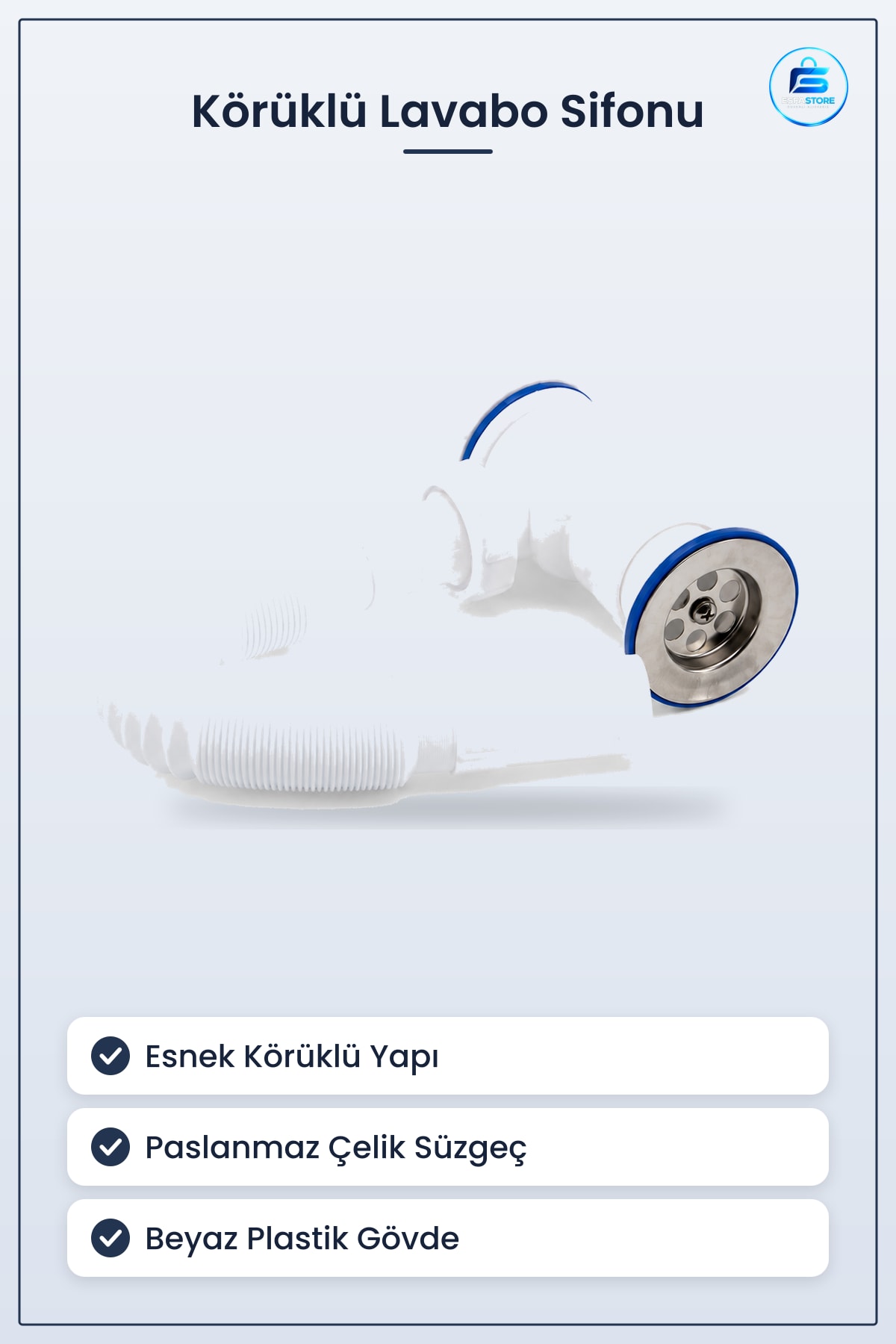 Körüklü Lavabo Sifonu Paslanmaz Çelik Süzgeçli Esnek Beyaz Plastik Banyo Tesisatı Sifon Gideri