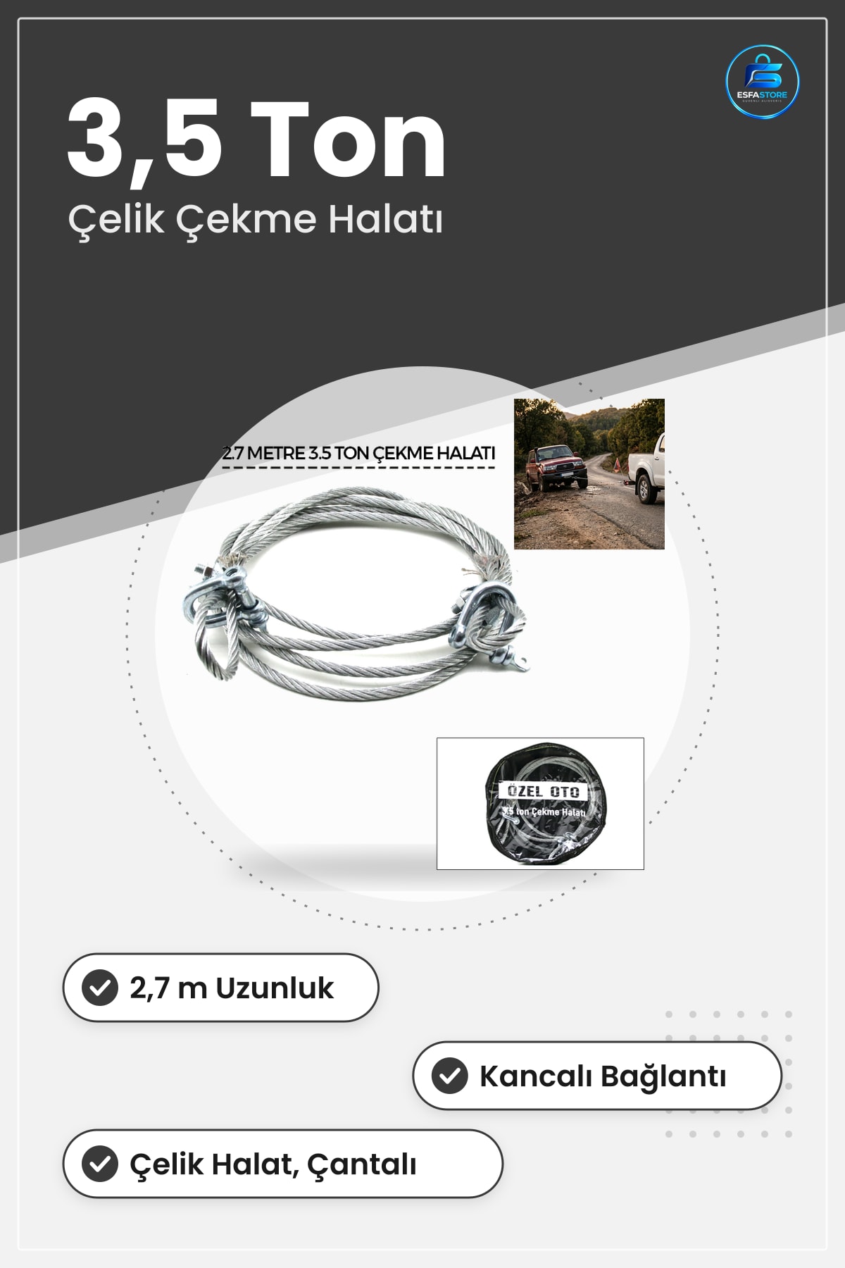 Oto Çekme Halatı Çelik 3.5 Ton 2.7 m Kancalı Yol Yardım Acil Müdahale Araç Taşıma Çantalı