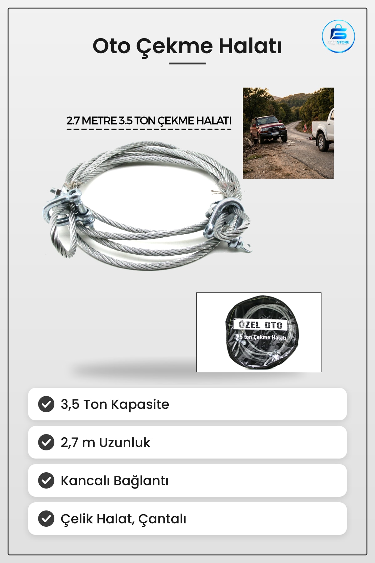 Oto Çekme Halatı Çelik 3.5 Ton 2.7 m Kancalı Yol Yardım Acil Müdahale Araç Taşıma Çantalı