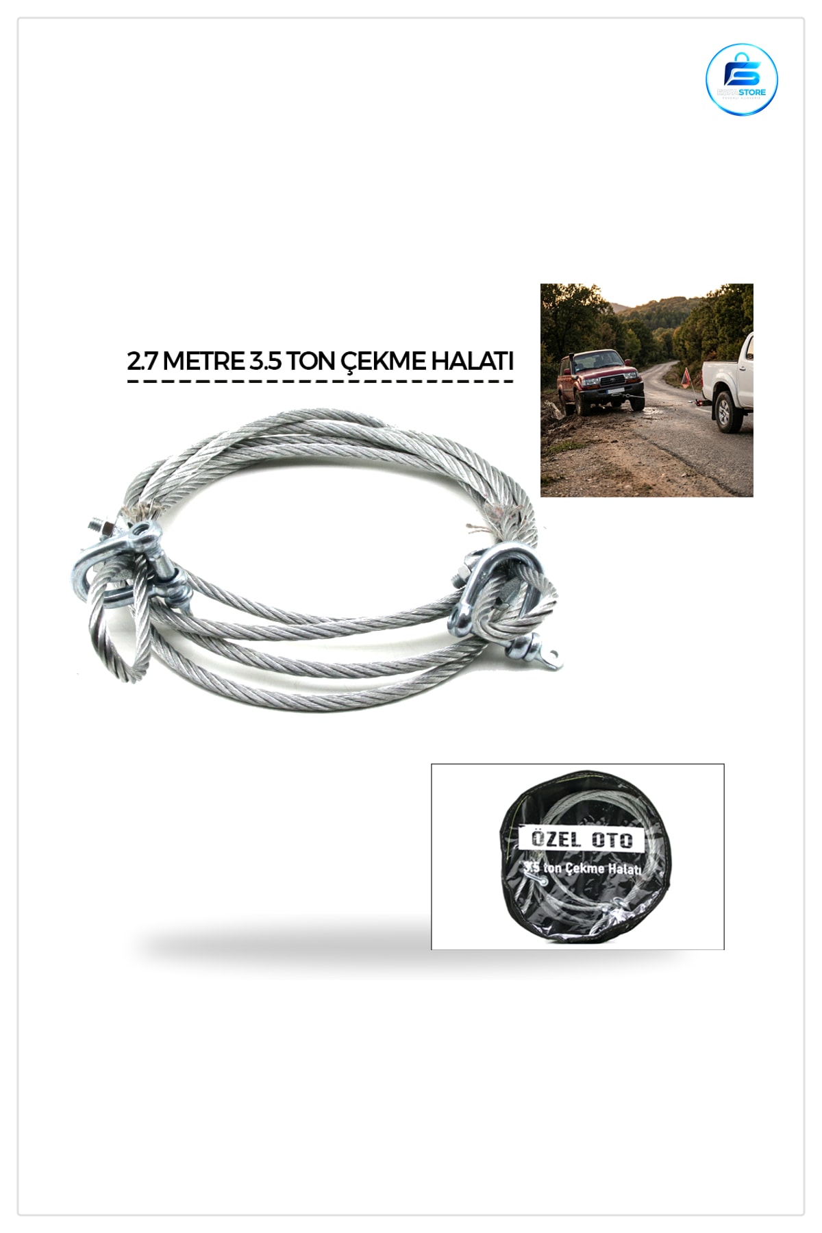Oto Çekme Halatı Çelik 3.5 Ton 2.7 m Kancalı Yol Yardım Acil Müdahale Araç Taşıma Çantalı