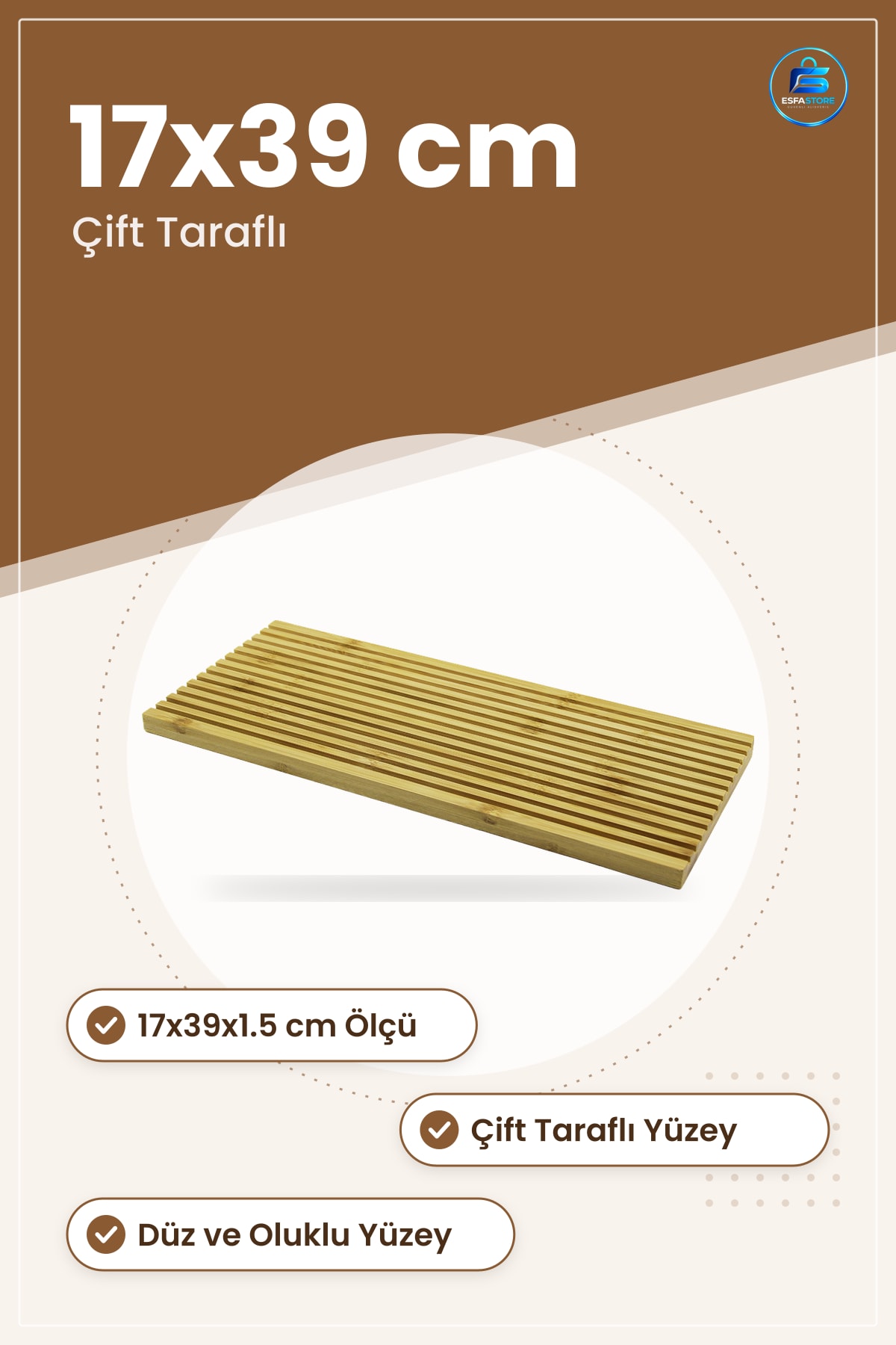 Bambu Sunum Tepsisi 17x39x1.5 cm Çift Taraflı Düz ve Oluklu Yüzey Servis Peynir Meze Kahvaltı Tepsi