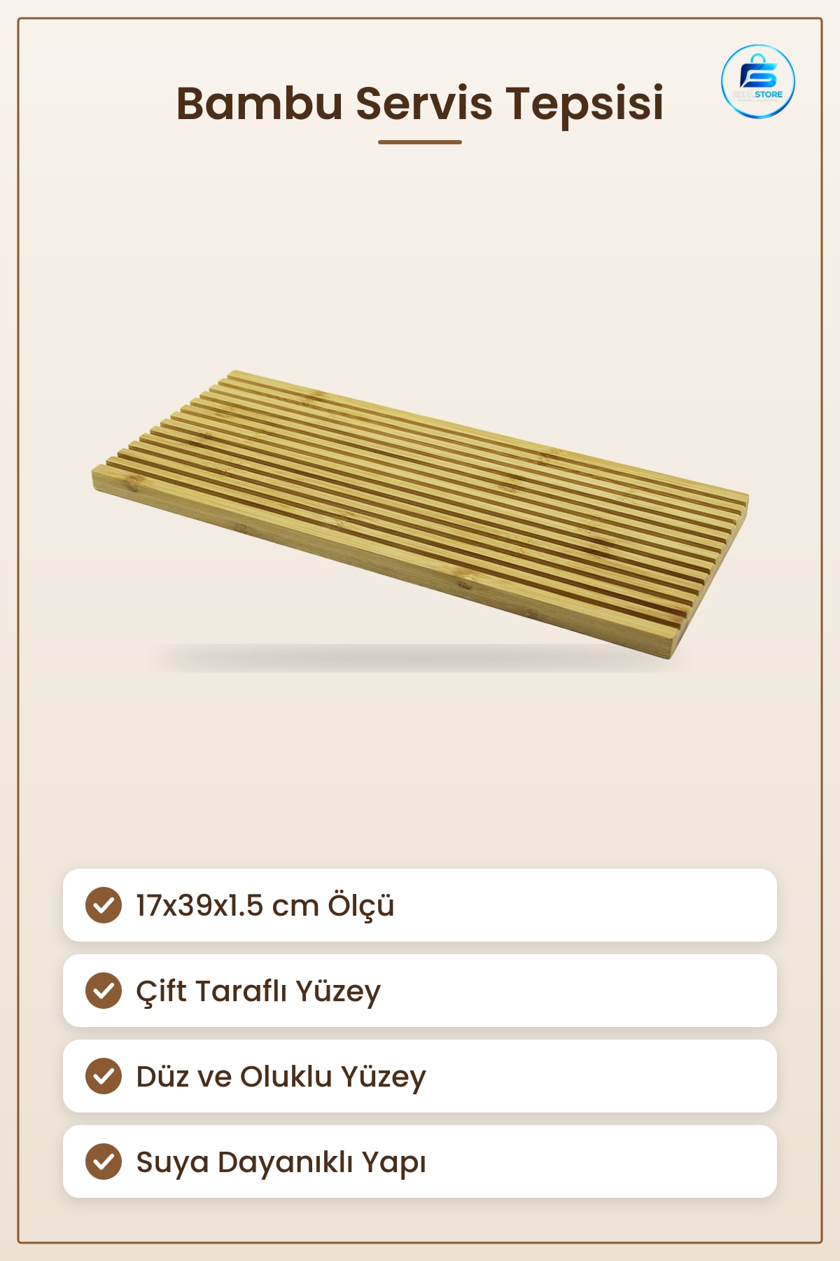 Bambu Sunum Tepsisi 17x39x1.5 cm Çift Taraflı Düz ve Oluklu Yüzey Servis Peynir Meze Kahvaltı Tepsi