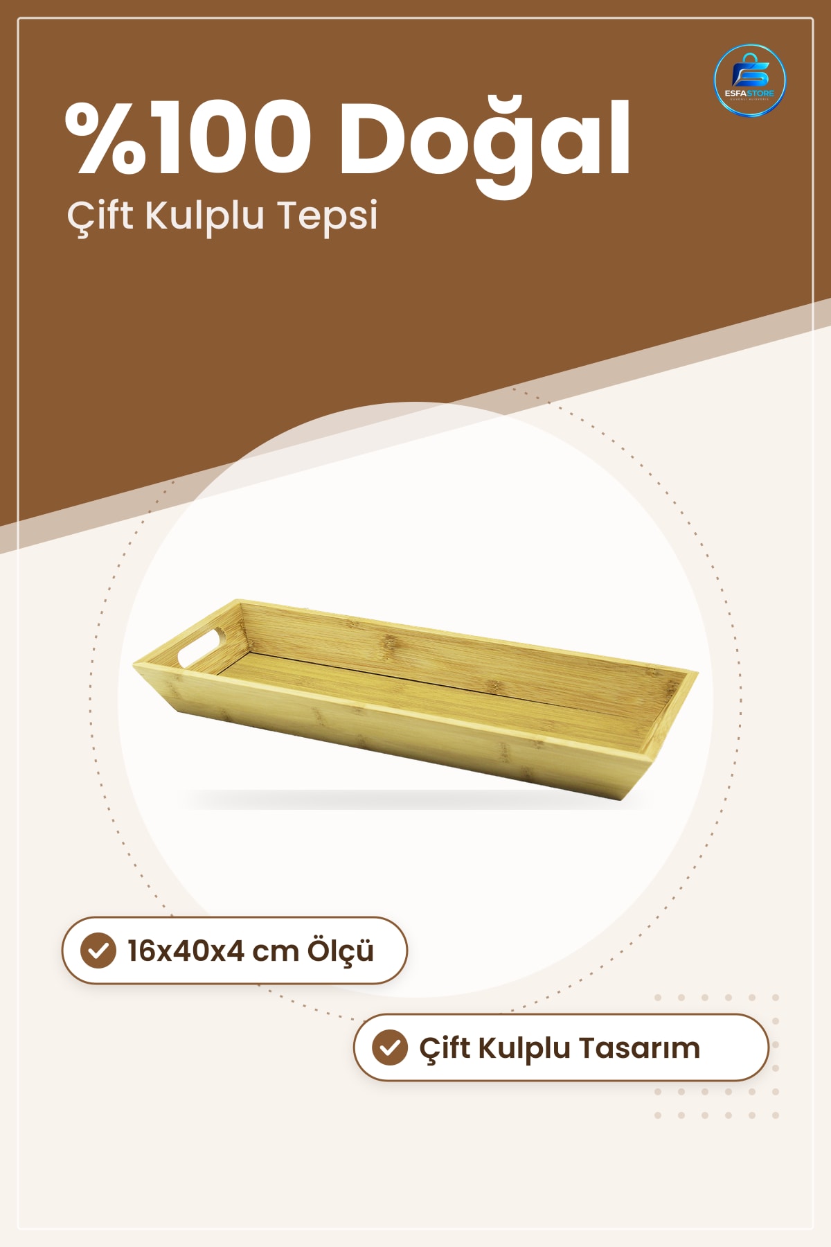 Doğal Bambu Ahşap Tepsi 16x40x4 cm Çift Kulplu Kahvaltı Çay Sunum Servisi Mutfak Sofra