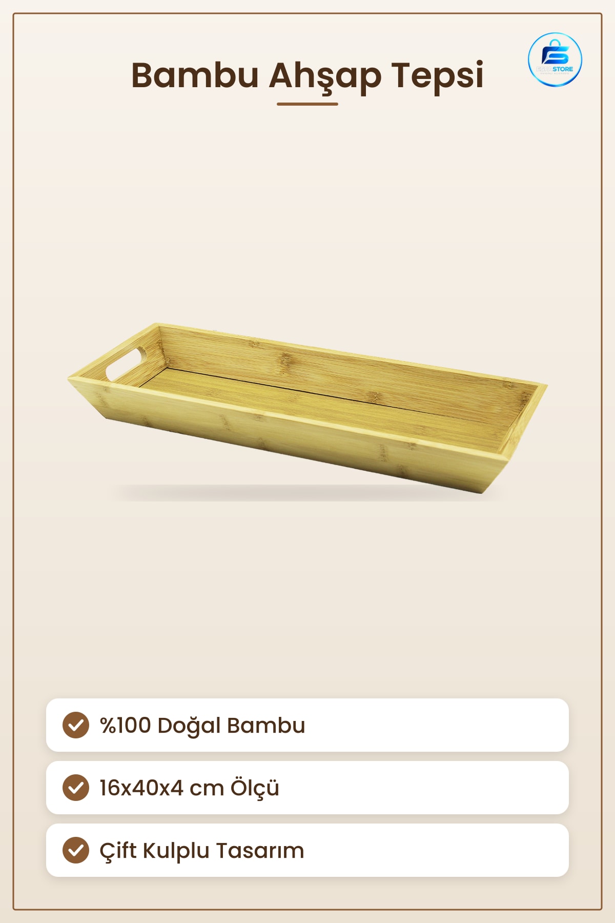 Doğal Bambu Ahşap Tepsi 16x40x4 cm Çift Kulplu Kahvaltı Çay Sunum Servisi Mutfak Sofra