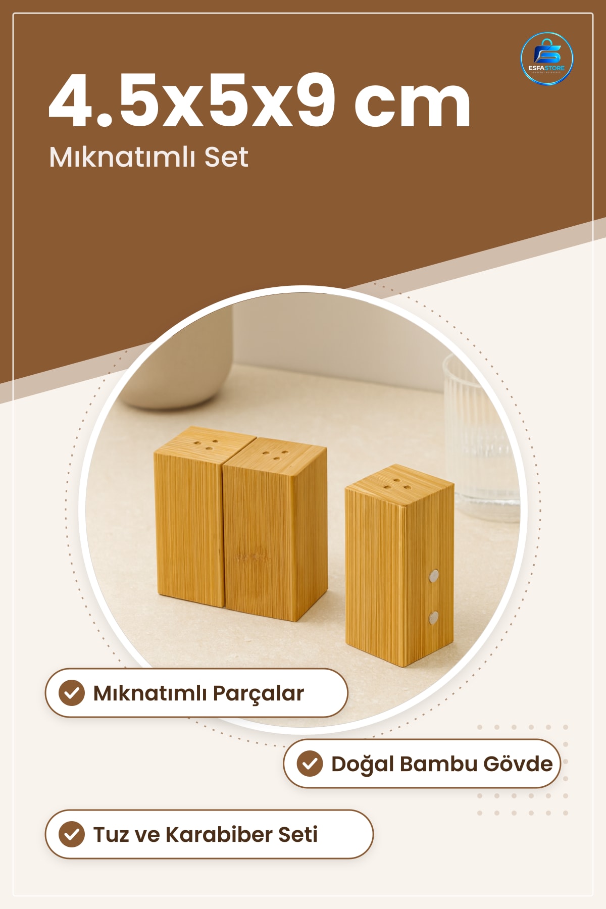 Tuzluk Biberlik Bambu Mıknatıslı Baharatlık 4.5x5x9 cm Mutfak Tuz ve Karabiber Seti Piknik