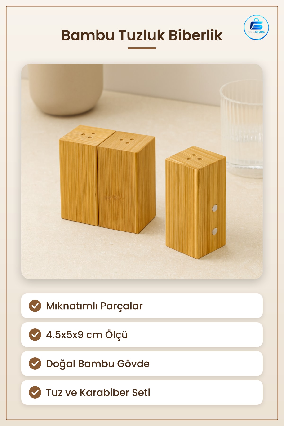 Tuzluk Biberlik Bambu Mıknatıslı Baharatlık 4.5x5x9 cm Mutfak Tuz ve Karabiber Seti Piknik