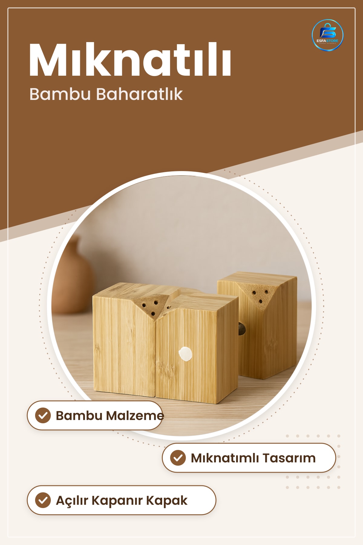 Bambu Mıknatıslı Baharatlık ve Tuzluk Mutfak Tuz Baharat Saklama Kabı Düzenleyici Kompakt Şık