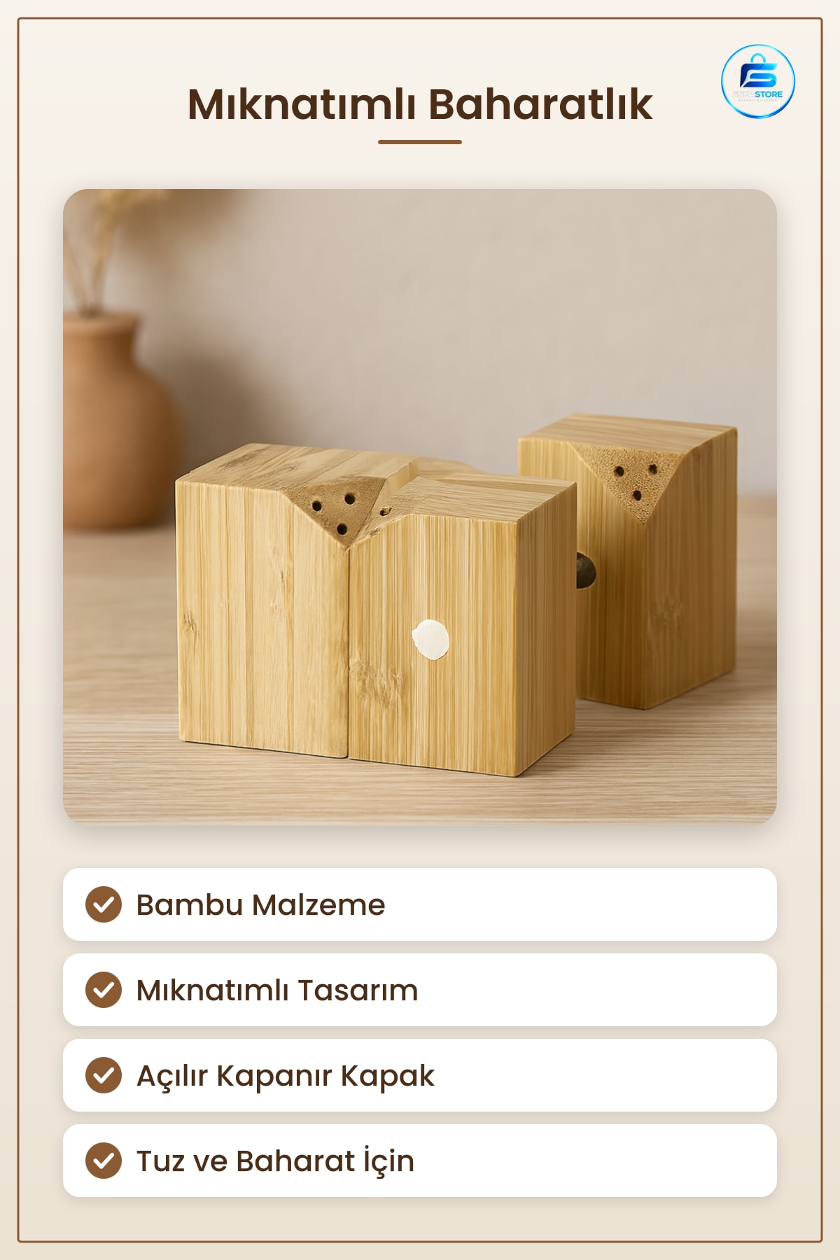 Bambu Mıknatıslı Baharatlık ve Tuzluk Mutfak Tuz Baharat Saklama Kabı Düzenleyici Kompakt Şık