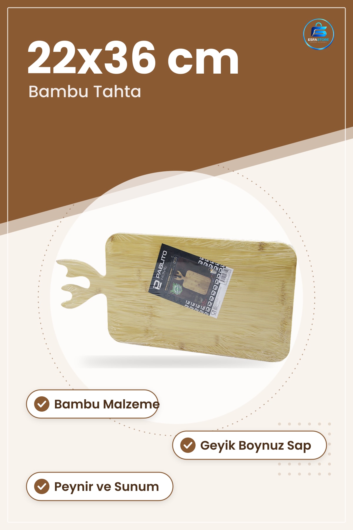Kesme Tahtası Bambu Kesim Panosu 22x36 cm Geyik Boynuz Saplı Mutfak Doğrama Peynir Sunum Servisi