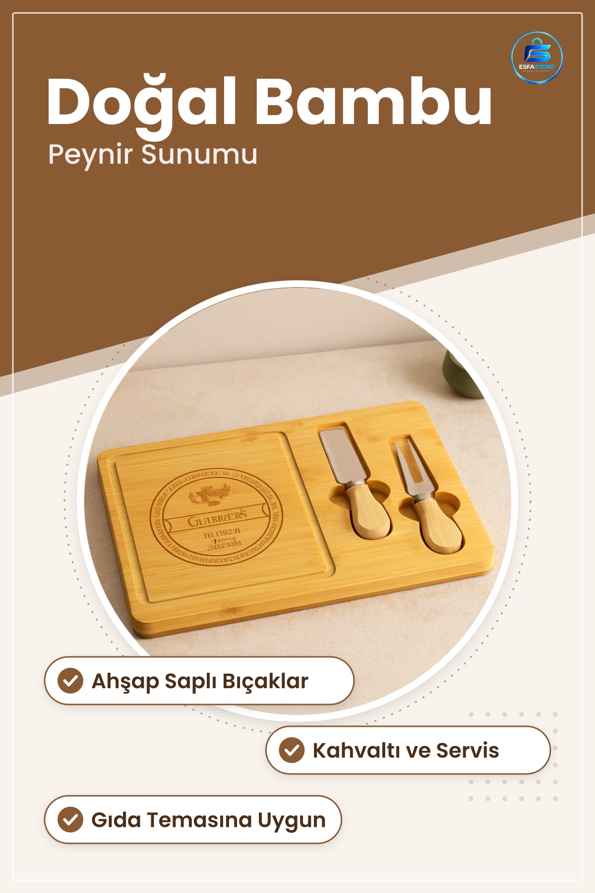 Bambu Kesme Tahtası Peynir Sunum Panosu Doğal Ahşap Saplı Bıçaklı Mutfak Kahvaltı Servis