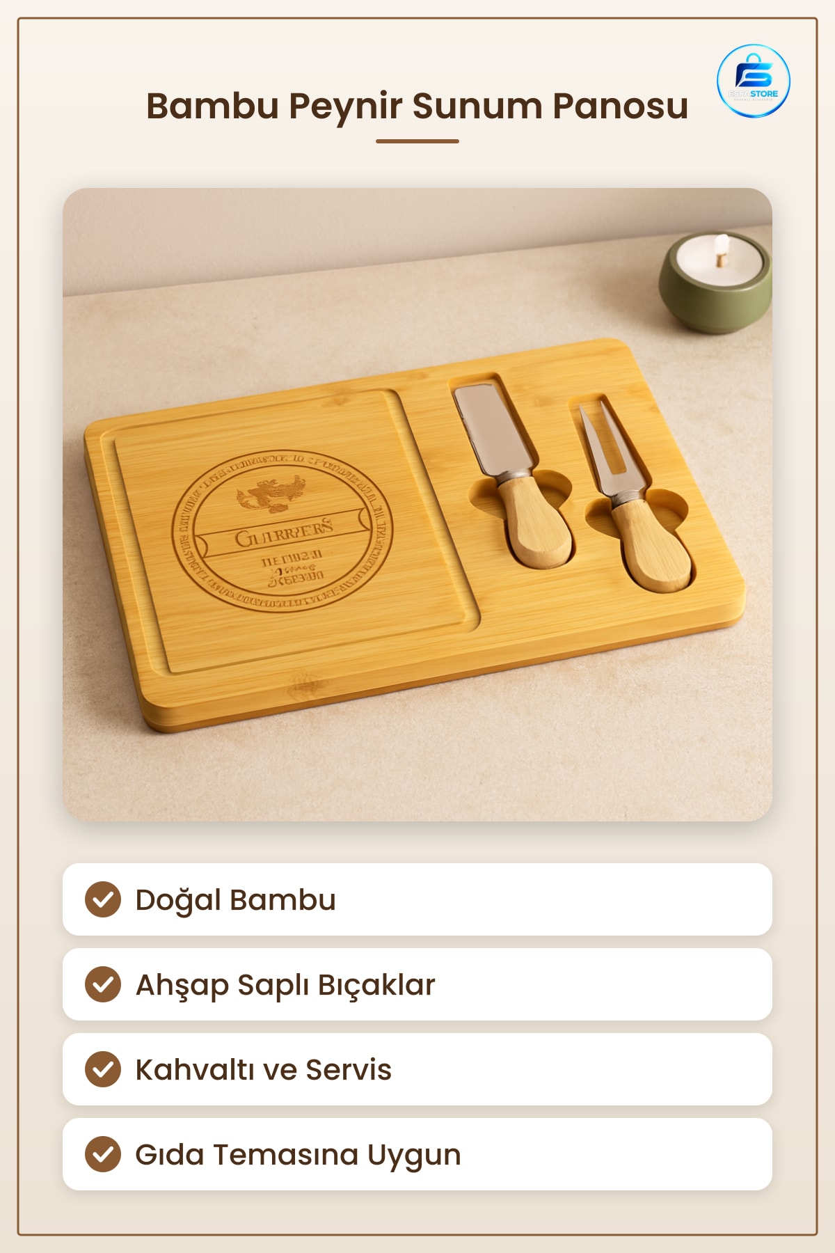 Bambu Kesme Tahtası Peynir Sunum Panosu Doğal Ahşap Saplı Bıçaklı Mutfak Kahvaltı Servis