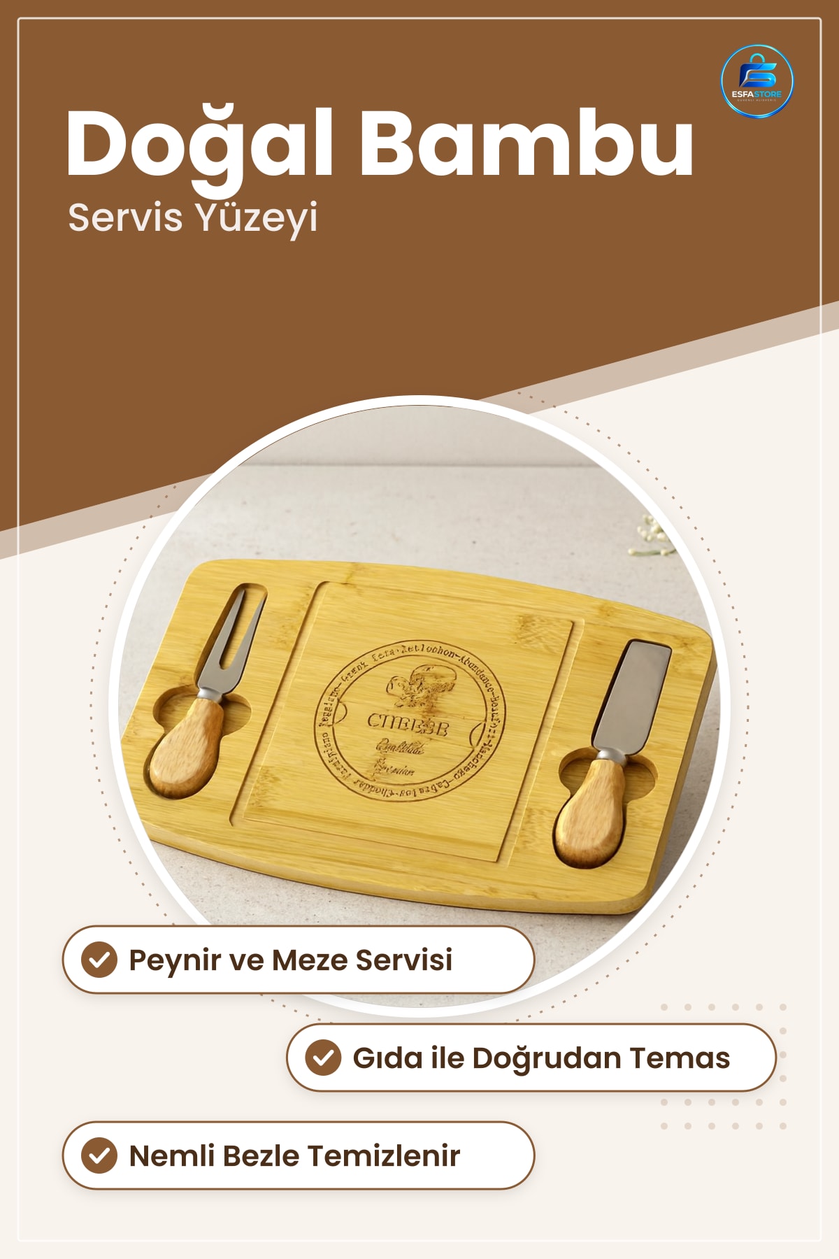 Bambu Kesme Tahtası Peynir Sunum Panosu Doğal Mutfak Kahvaltı Mezeleri Şık Servis Yüzeyi