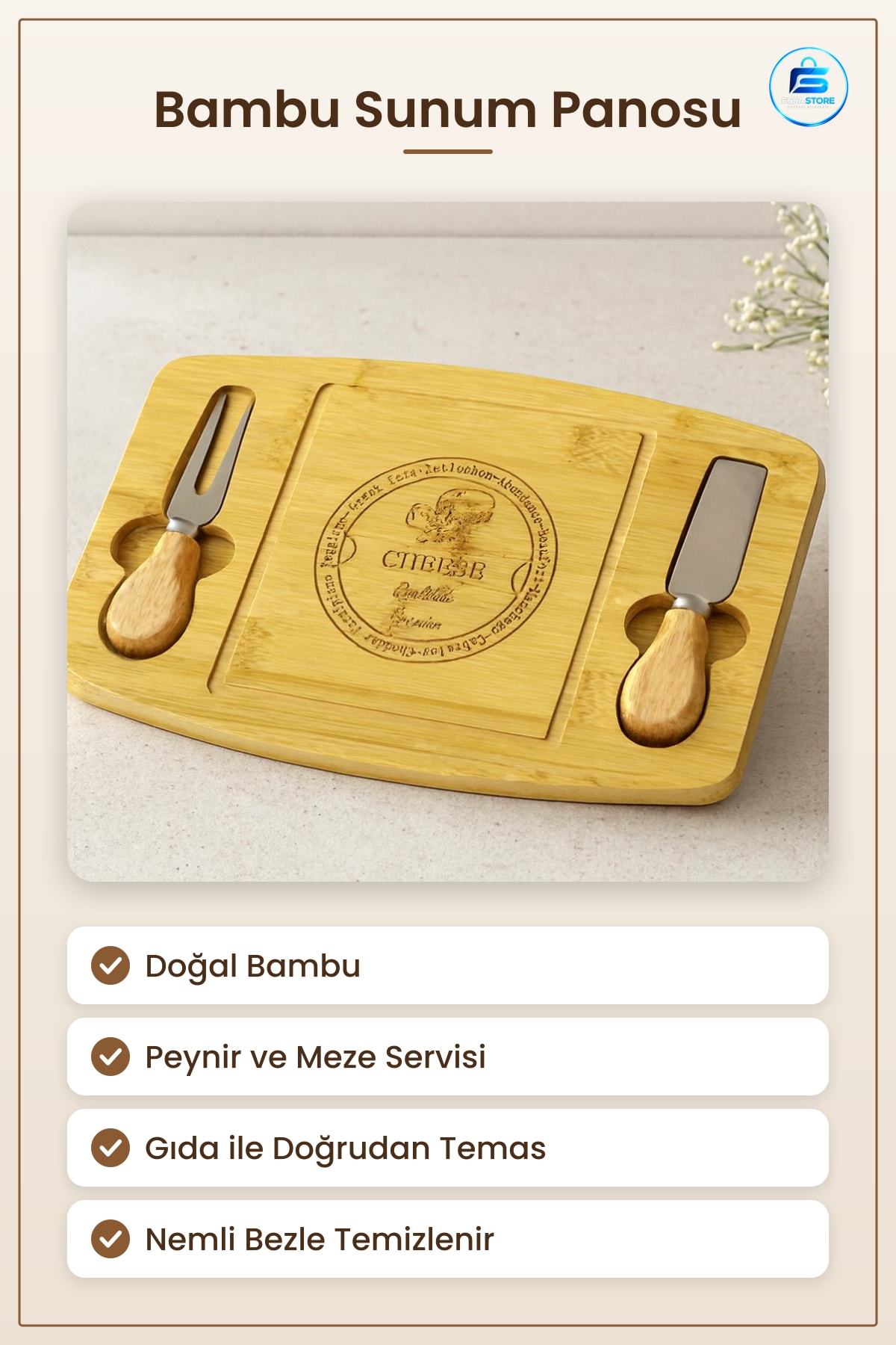 Bambu Kesme Tahtası Peynir Sunum Panosu Doğal Mutfak Kahvaltı Mezeleri Şık Servis Yüzeyi