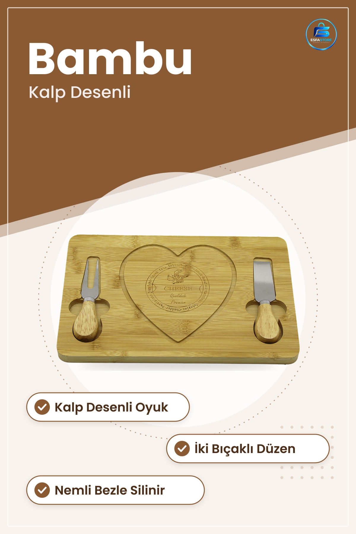 Kesme Tahtası Kalpli Bambu Peynir Sunum Panosu İki Bıçaklı Doğal Mutfak Servis Sofra Hediye